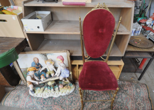 Lot 132 - Mixed Group Lot incl Gold chair w Red Cushion, Rugs & Large Cerami