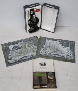 Lot 136 - Group lot Mixed items - Zinc Engraving plates, Student Microscope, $1