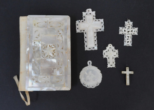 Lot 186 - Group lot vintage carved Mother of Pearl religious items inc Covered B