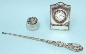 Lot 191 - 3 pces Hallmarked English Sterling silver inc Small Clock, embossed bu