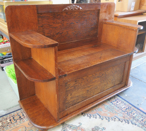 Lot 207 - 1930s Oak Hall Seat w Lift Up Lid & Round Art Deco Ends