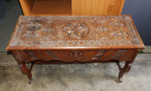 Lot 213 - 1930s Chip Carved Bench with Lift Up Lid & Stretcher Base About 91