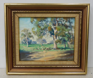 Lot 228 - Noel Thorpe (1912 - 1991) Small framed Oil Painting - Roadside Gum, ne