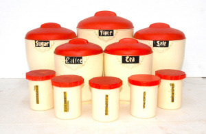 Lot 235 - 10 x Vintage Set of Bristolite Bakelite Kitchen Canisters w Red Lids &