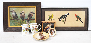 Lot 236 - Group lot - Australiana - small framed c1910 oil Painting of 3 Kookabu