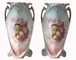 Lot 250 - Pair of Victorian Czechoslovakian Ceramic Vases - Pale Blue & Pink