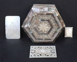 Lot 281 - 4 pces vintage carved Mother of Pearl inc Hexagon shaped hinged box 14