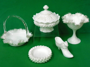 Lot 295 - Group lot of vintage Fenton Milk Glass inc Basket, Lidded comport, com