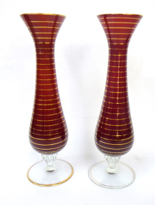 Lot 299 - Pair of Italian Art Glass Vases, cased white and ruby, gold banding w