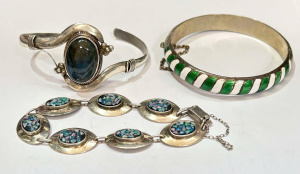 Lot 312 - 3 x silver bracelets - green & white enamel bangle, bracelet set w