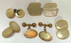 Lot 330 - Group - pr 9ct gold oval cufflinks, 2 x pair mop cufflinks etc