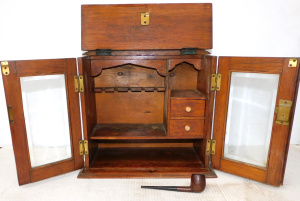 Lot 361 - c 1920s Vintage Small Oak Tobacco Cabinet with Pipe Rack, Small Drawer