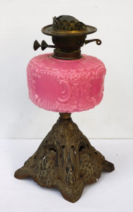 Lot 362 - Vintage Large Brass Oil Lamp with Pink Glass font with raised pattern