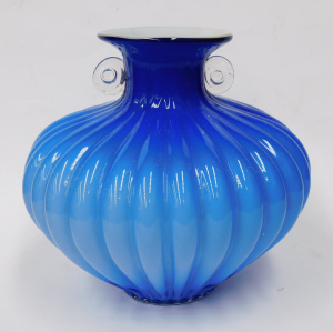 Lot 375 - Vintage Italian Art Glass Vase - Blue & white cased with ribbed ex