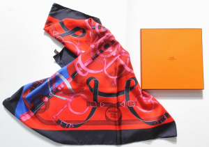 Lot 376 - Boxed Hermes Silk Scarf Navy Blue border with red blue & pink