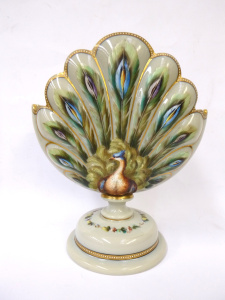 Lot 385 - Victorian grey glass fan shaped pedestal vase with hand painted peacoc