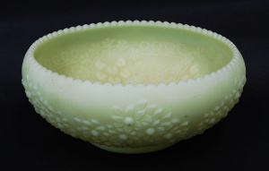 Lot 386 - Vintage Fenton Uranium Lemon Satin glass bowl - Orange tree exterior p