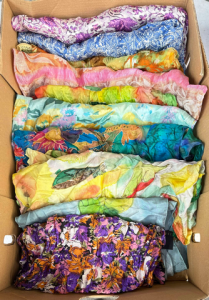 Box approx 11 x silk Scraves, florals, colourful, various sizes