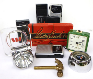 Box Lot of Mixed Items inc Portable Radios, Russian Alarm Clock, Valiant Car Bad