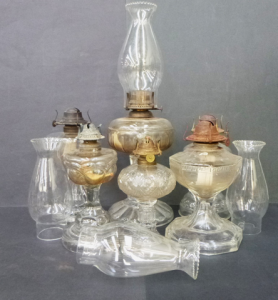 Group Lot of Vintage Glass Oil Lamps & Chimneys Some with Glass Patterns etc