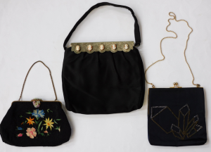 Group lot vintage Ladies evening bags inc Black satin with white metal etched cl