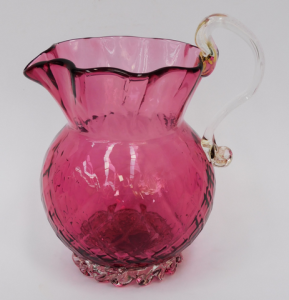 Vintage Murano Venetian Cranberry glass jug - Clear Handle and frilled base - fo