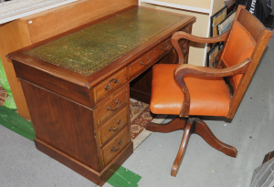 2 x Pieces - Edwardian Cedar Twin Pedestal Desk w Leather inset top + c1930s Des