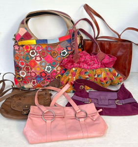 6 x bags - pink leather Cellini, Joan Weisz brown leather, lge colourful patchwo