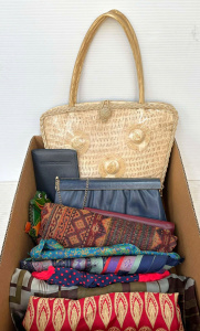 Box - accessories, 6 x silk, wool scarves,1950s ladies straw bag, Faigen navy le