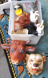 Box Lot of Vintage Plastic Animal Masks incl Deer, Bear, Chicken, Cow etc