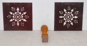 Small lot - pair Vintage Etched Ruby Glass panels + Ornate Seal with capital 'T'