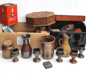 3 x Boxes of Mixed Items incl Bendigo Pottery, Assorted Tins, Wooden Trinket Box