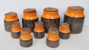 9 x Pieces of Vintage Hanstan Australian Pottery Canisters w Cork Lids incl Suga