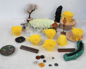 Box lot incl Retro Yellow Melamine Cups & Saucers, Harmonicas, Hawaiian Girl