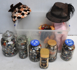 Box lot of Craft And Accessories incl Assorted Buttons, Hats, Fabrics etc