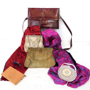 Group lot Vintage Ladies items inc 2 x Silk scarves, Eel Skin handbag, Beaded ev