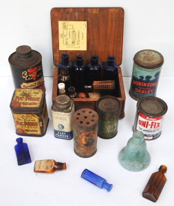 Small Lot of Vintage Tins & Medicinal glass Bottles incl Rox Baby Powder Tin