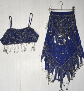 Two-Piece Blue Belly Dancers Outfit w White Metal Tassels - Appears to be Small