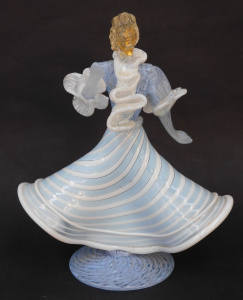 Vintage Murano Glass Dancing Lady - Blue & white pinched dress with ruffled