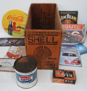 Vintage Shell Motor Spirit Branded Wooden Crate & Contents incl Ampol Five P