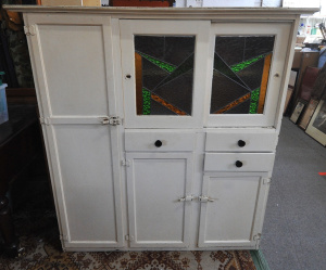 Vintage White Painted Kitchen Cabinet w Two Coloured Lead Light Glass Windows -