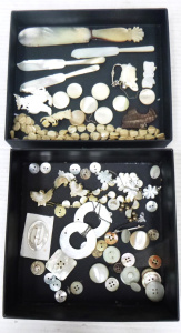 2 x small boxes of Carved Mother Of Pearl Items inc, buckle, buttons, knives, br