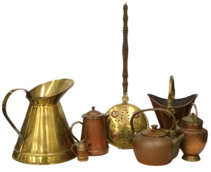 Group Lot Vintage Brass & Copper Items - incl Teapots, Skuttle, Bed Warmer,