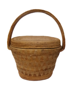 Vintage fine woven Cane Lidded Basket w subtle bands of slightly darker Triangul