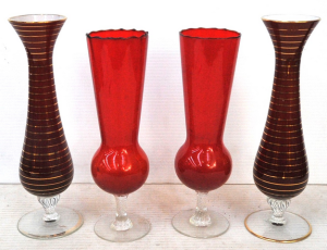 2 Pairs of VintageItalian Red Art Glass Stemmed Vases - both with clear stems, o