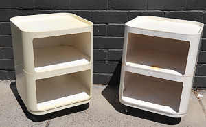 2 x Vintage White Plastic Kartell Stackable Bedside Tables on Wheels - Sun damag