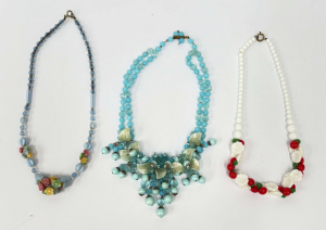 3 x 1950s+ Venetian glass bead necklaces - blue double strand with flowers &