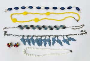 Grp 1950s + costume jewellery - necklaces - pale blue plastic grapes & leave