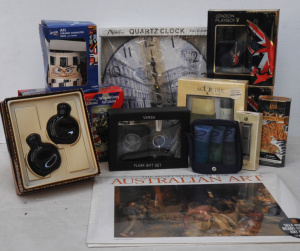 Box Lot of packaged as new items inc aftershaves, perfumes, tankards, clocks etc