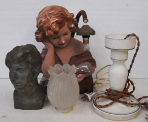 Group Lot of Vintage lamps & spelter bust inc heavy plasterware figural lamp